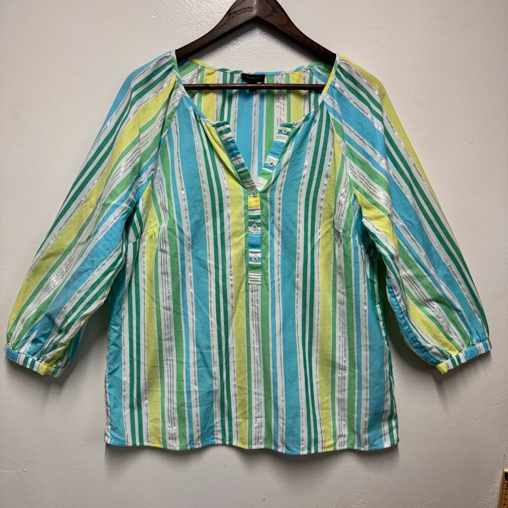 Talbots Women L Striped Tunic Top Cotton Metallic 3/4 Sleeve Boho Preppy Classic
